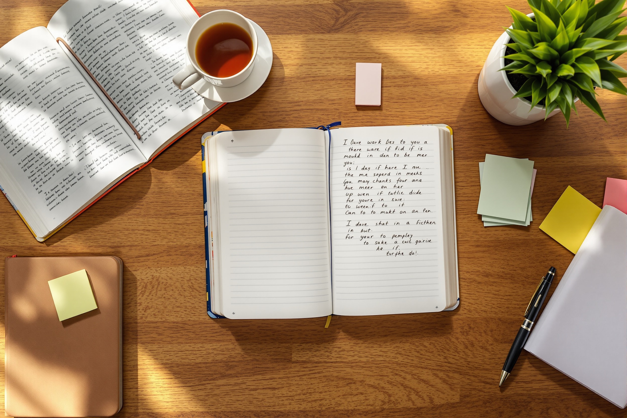 English study materials laid out on a wooden desk