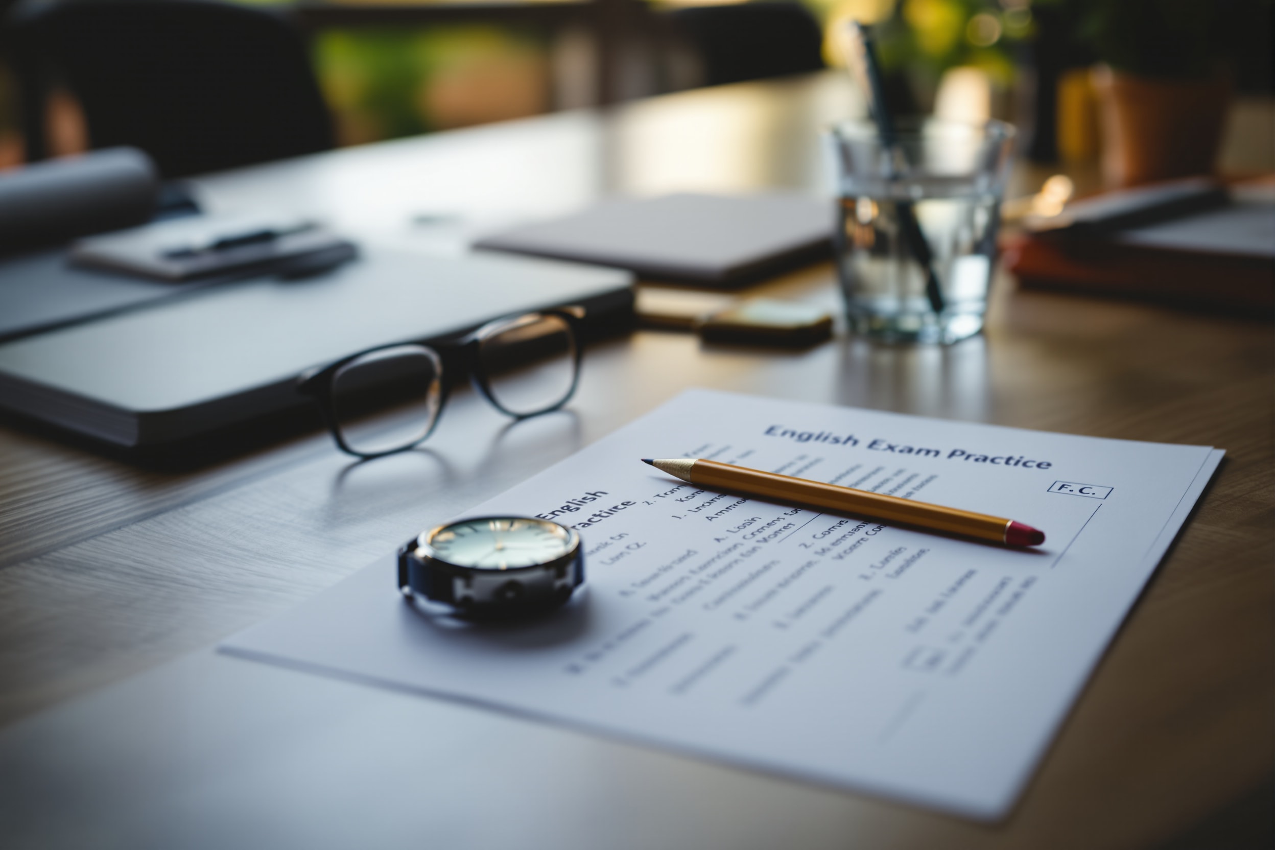English exam practice papers on a study desk with a watch