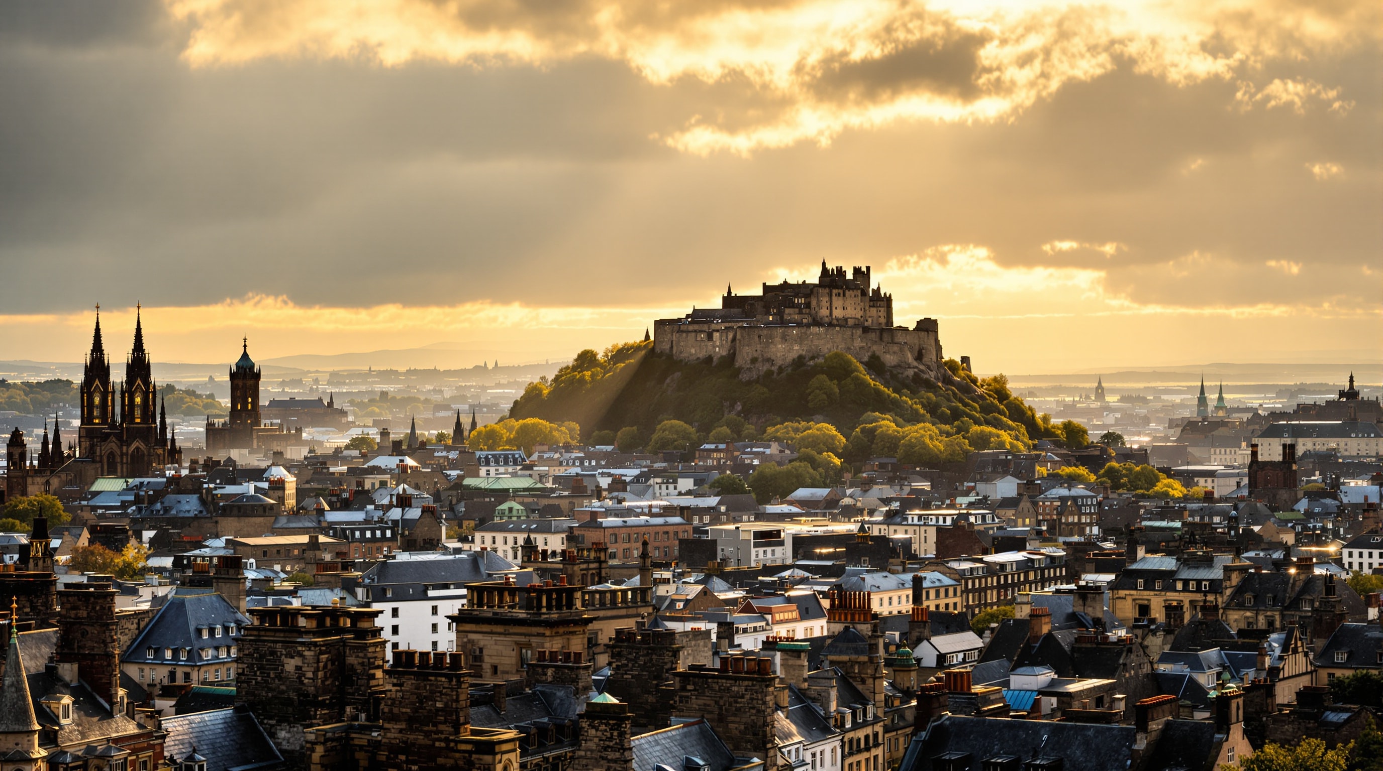 Edinburgh Old Town skyline with the castle at golden hour