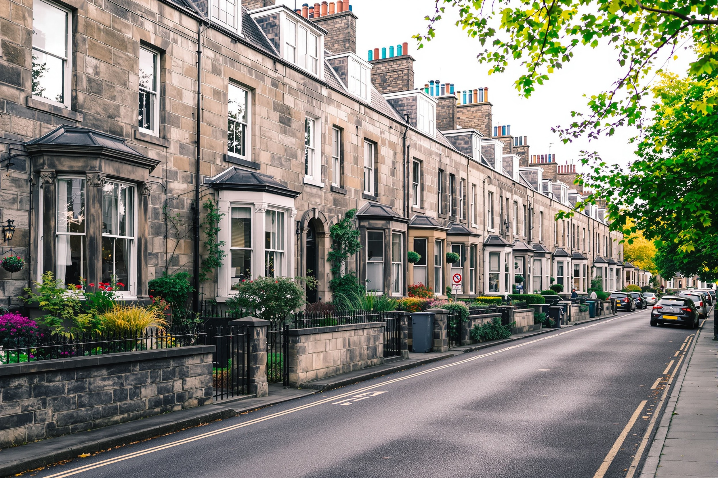 A quiet Edinburgh residential street of stone terraced houses