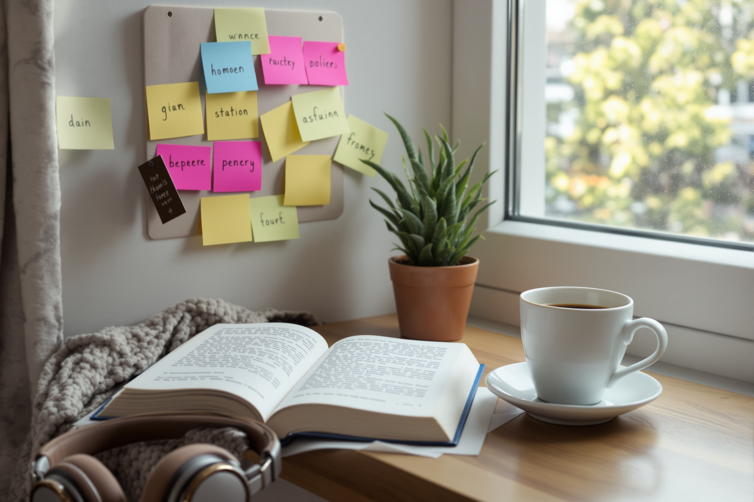 A cozy self-study nook with an English book and vocabulary notes