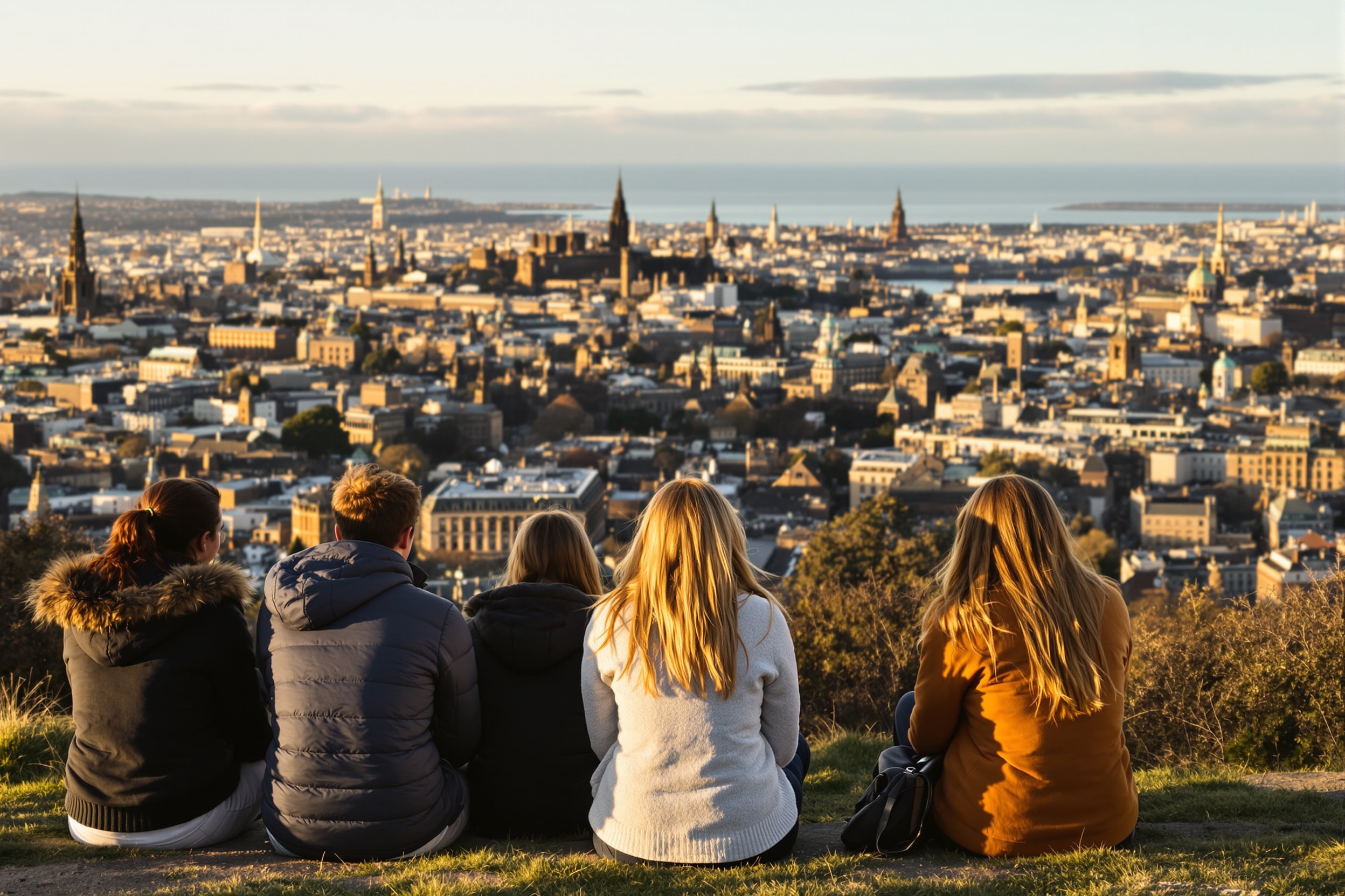 International students looking out over Edinburgh from Calton Hill